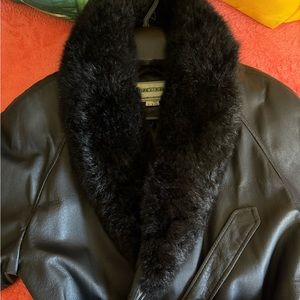 $$$SOLD$$$ Genuine Leather Black Sheep Fur Collar Jacket LG